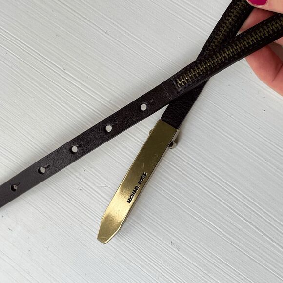 VTG Y2K Michael Kors Brown Leather Skinny Belt w/ Zipper Detail Gold Buckle - Picture 11 of 12